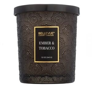 Bellevue 2 Wick Embossed Glass Candle Ember & Tobacco 12 oz